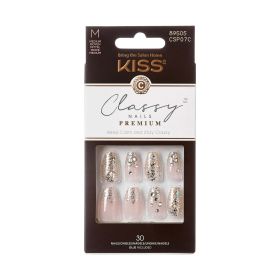 KISS Classy Premium Medium Coffin Glue-On Nails, Glossy Light White, 30 pieces